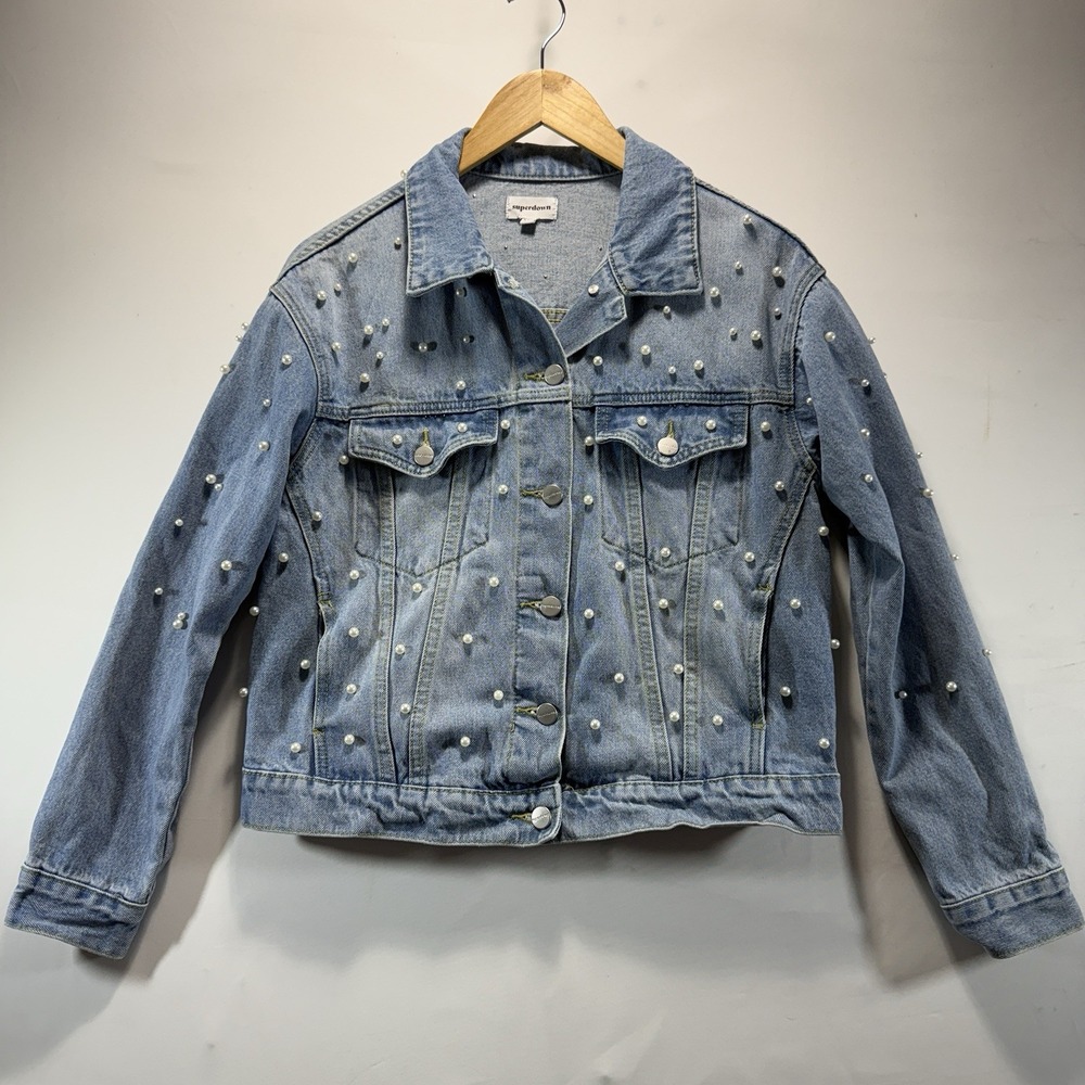 Denim Jacket Pearl Accent Superdown Trucker Cowboy Light Wash Womens XXS